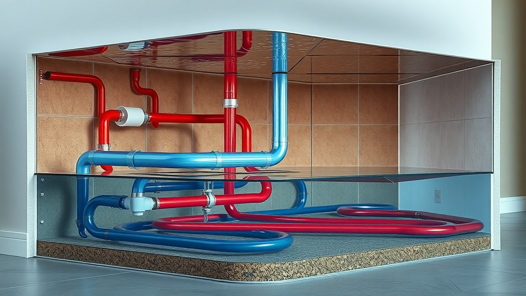 Cross-section diagram showing wet (water-based) underfloor heating system, visible warm water pipes under contemporary flooring, Peak Underfloor Heating Ltd