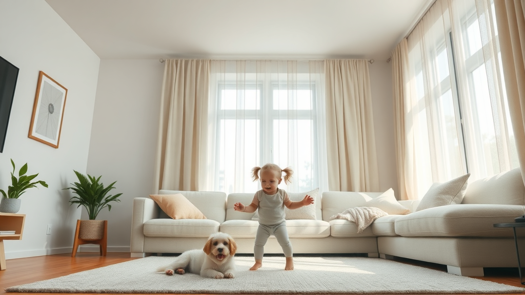 Clean modern living room with underfloor heating, bright daylight, minimal airborne particles, family enjoying dust-free environment, Peak Underfloor Heating Ltd