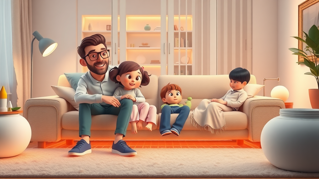 Family enjoying luxurious warmth from wet (water-based) underfloor heating system, soft glows and animated warmth, Peak Underfloor Heating Ltd