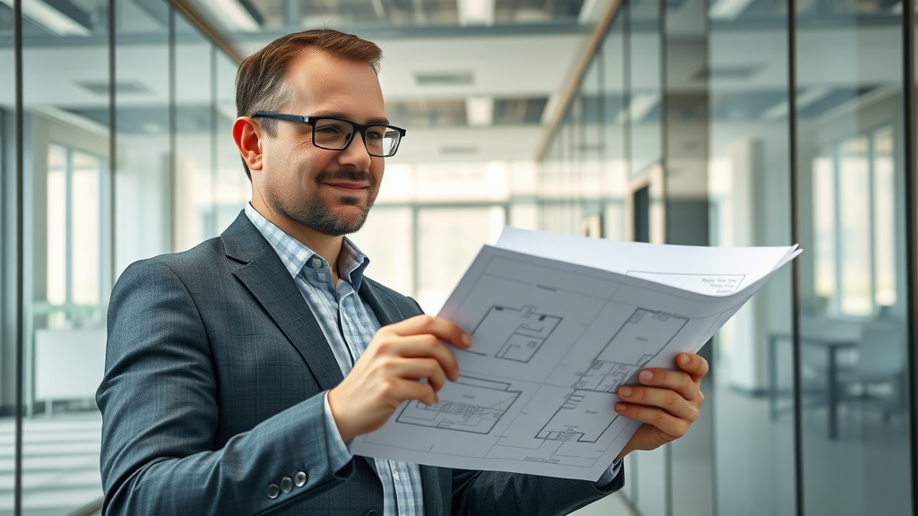 Confident facilities manager examining underfloor heating system in modern commercial office; digital system overlays visible, natural daylight, glass-walled office - underfloor heating maintenance