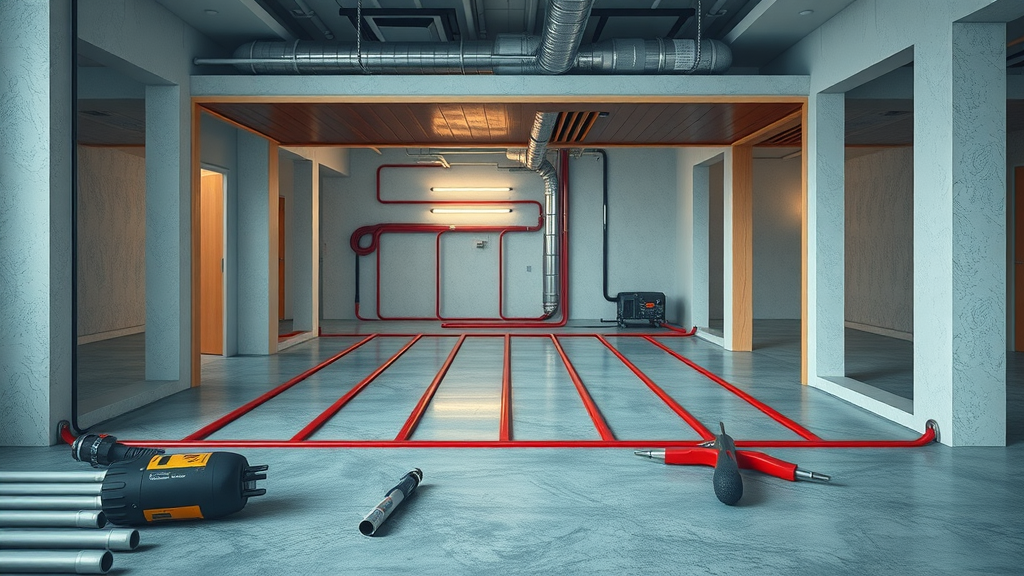 Cutaway view of commercial flooring with visible underfloor heating pipes and cables, comparing wet and electric floor heating maintenance