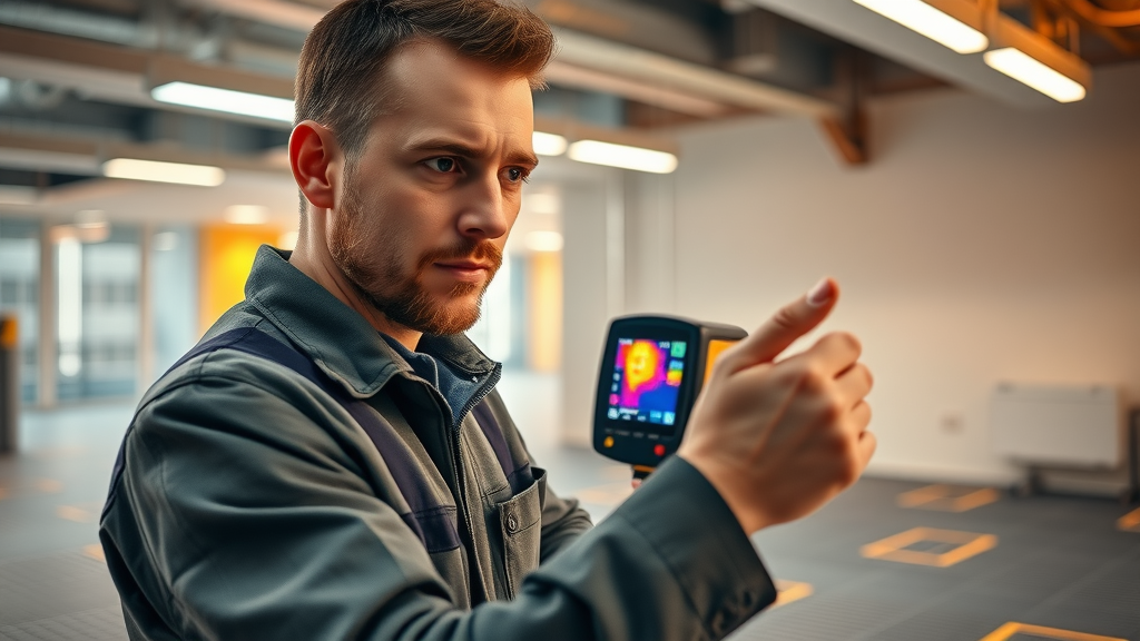 Maintenance technician inspecting floor heating with thermal imaging camera in commercial office, visible device screen showing hot and cold spots