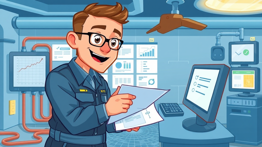 Professional technician following a step-by-step underfloor heating maintenance guide, lively workspace with digital monitors and technical checklists