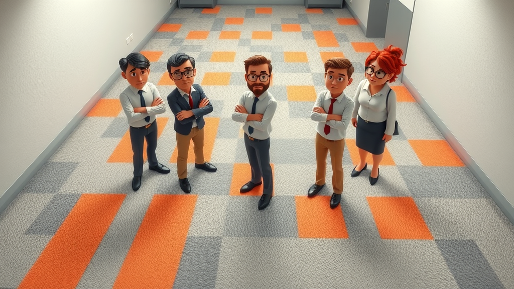 Office staff reacting to uneven floor heating, dynamic temperature gradients, mixed floor finish, visual representation of underfloor heating issues