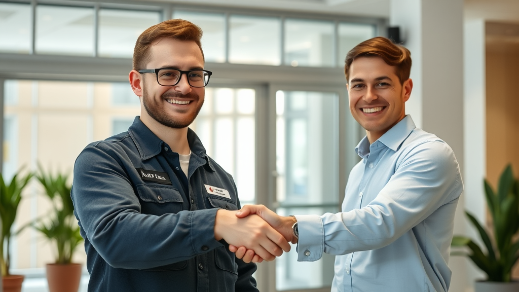 Professional heating engineer and satisfied business owner shaking hands after service in modern lobby