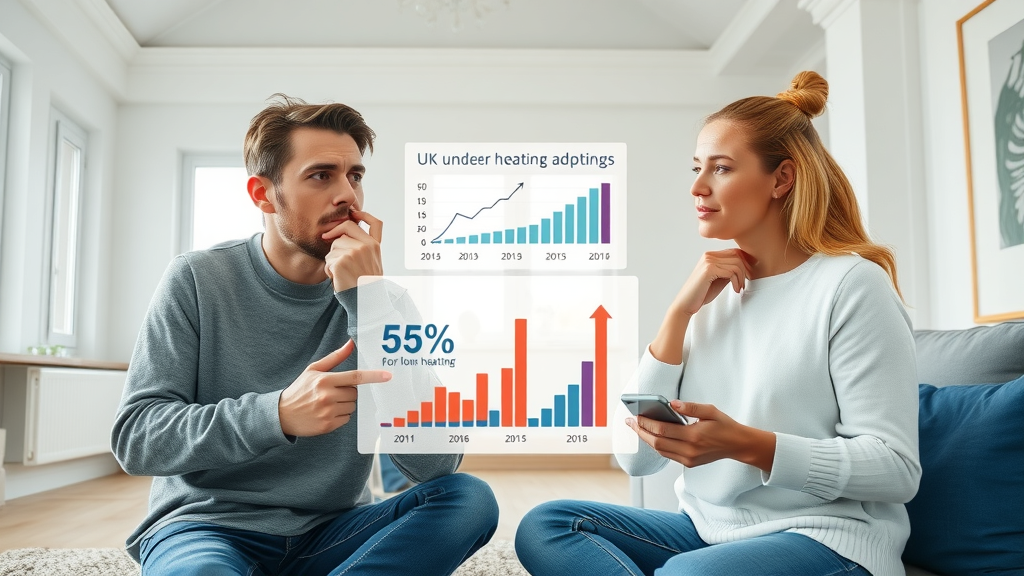 UK homeowners analyzing rising underfloor heating adoption rates in a modern British home, with informative infographic showing data charts and adoption trends, bright daylight, best underfloor heating system