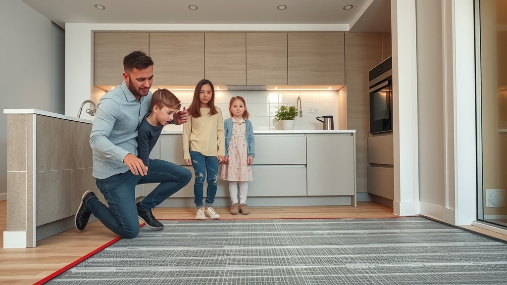 Family observes electric underfloor heating system installation under tile floor in sleek modern kitchen, technician carefully laying electric heating mats, best underfloor heating