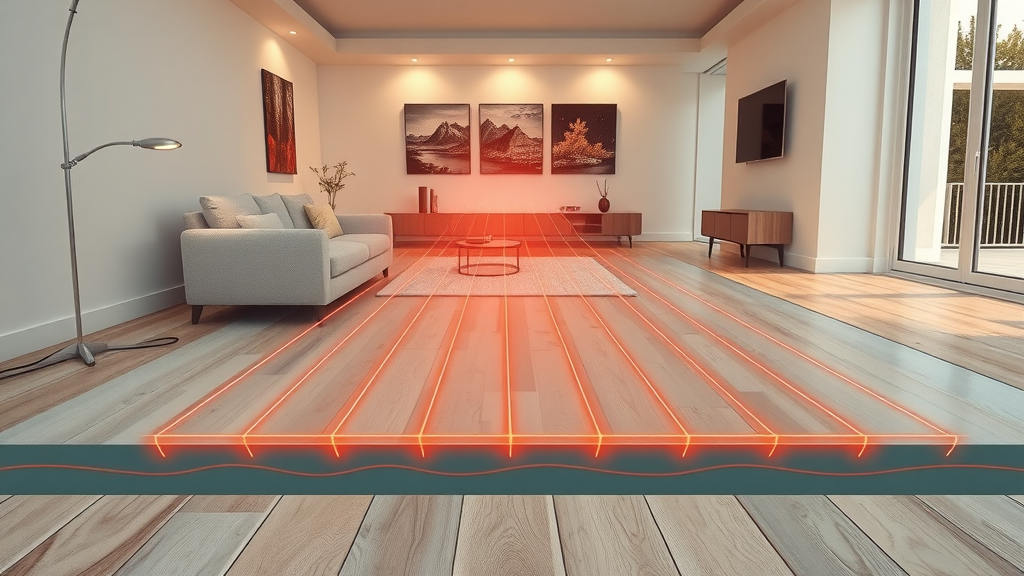 Cutaway diagram of modern living room with underfloor heating pipes and wiring, showing heat waves rising—demonstration of underfloor heating system design, energy efficiency