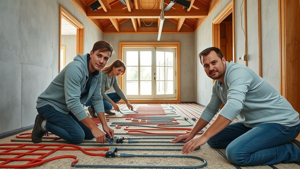 Step-by-step renovation with installers laying underfloor heating pipes in a retro-fit home, showing best underfloor heating installation stages