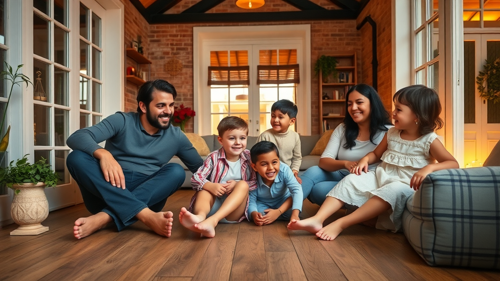 Happy family in Victorian terrace home enjoying the comfort of underfloor heating, children playing on heated wooden floor, modern heating upgrade