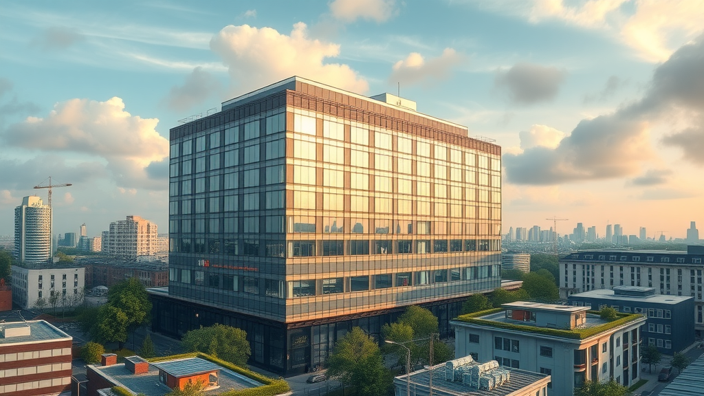 modern commercial building with advanced heating system and sustainable heating technologies, solar panels and green spaces