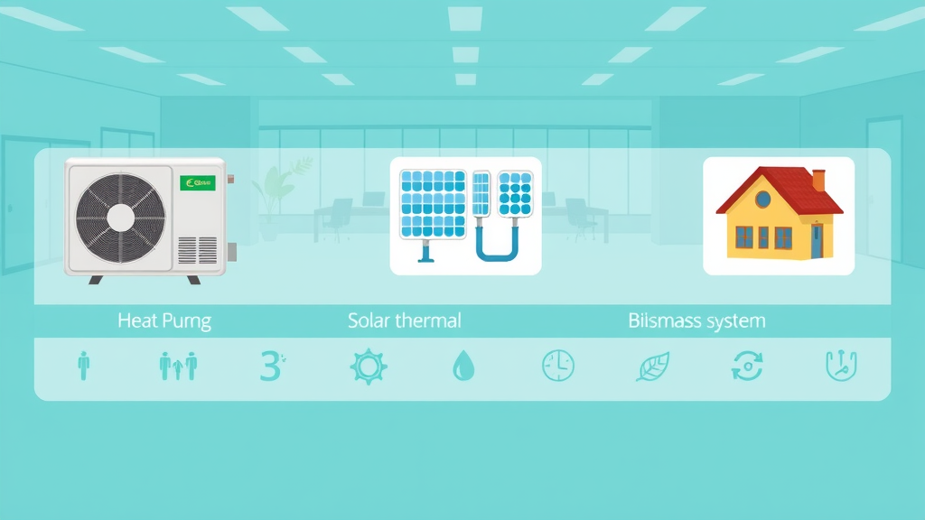 visual icons showing air source heat pump, ground source heat pump, solar thermal, biomass boiler, and hybrid system in commercial environment