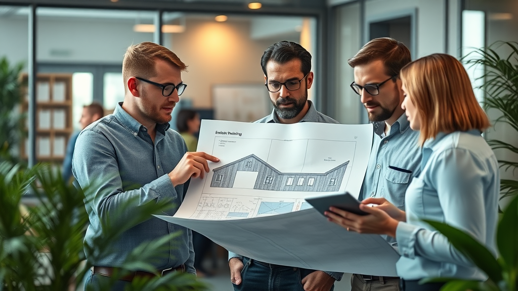 engineers collaborating over sustainable heating system plans, solar heating schematic visible