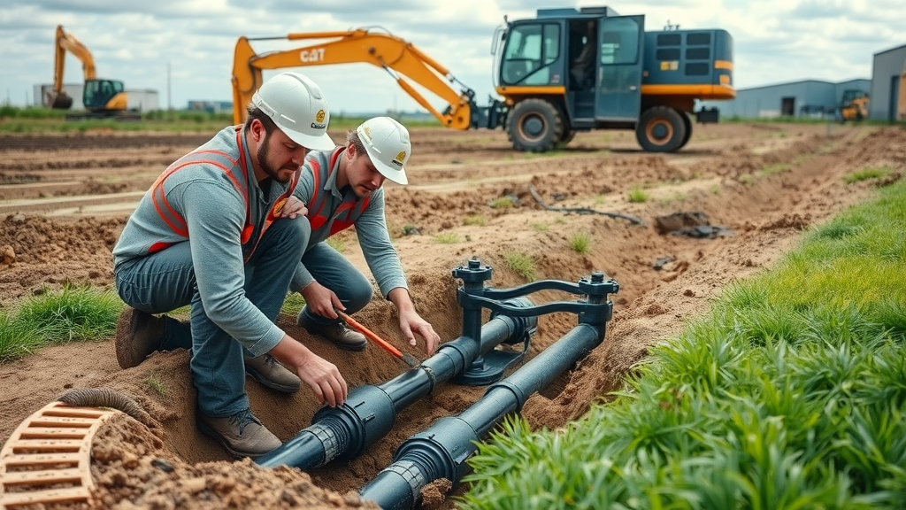ground source heat pump technicians installing underground pipes for commercial building