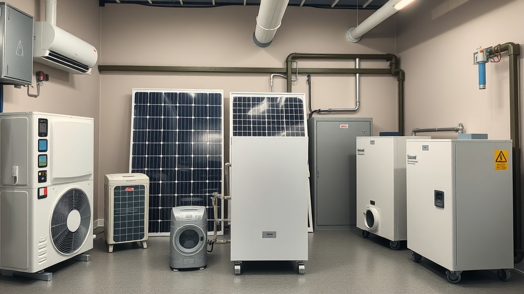 modern array of air source heat pump, solar thermal panels, biomass boiler and hybrid heating system in demonstration room
