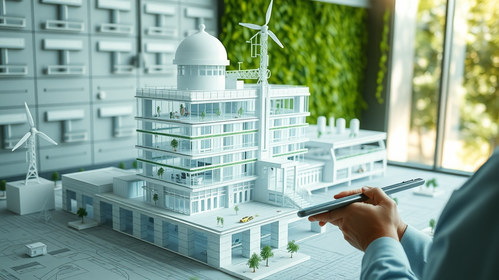 digital model of eco-friendly office with renewable heat and energy systems, green wall and tablet display