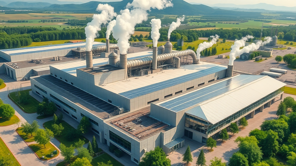 large commercial building with integrated hybrid heating systems, including solar panels and biomass