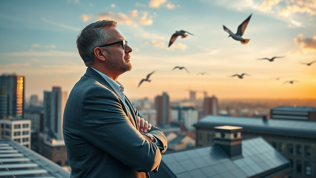UK business leader overlooking commercial properties with solar panels and green building features