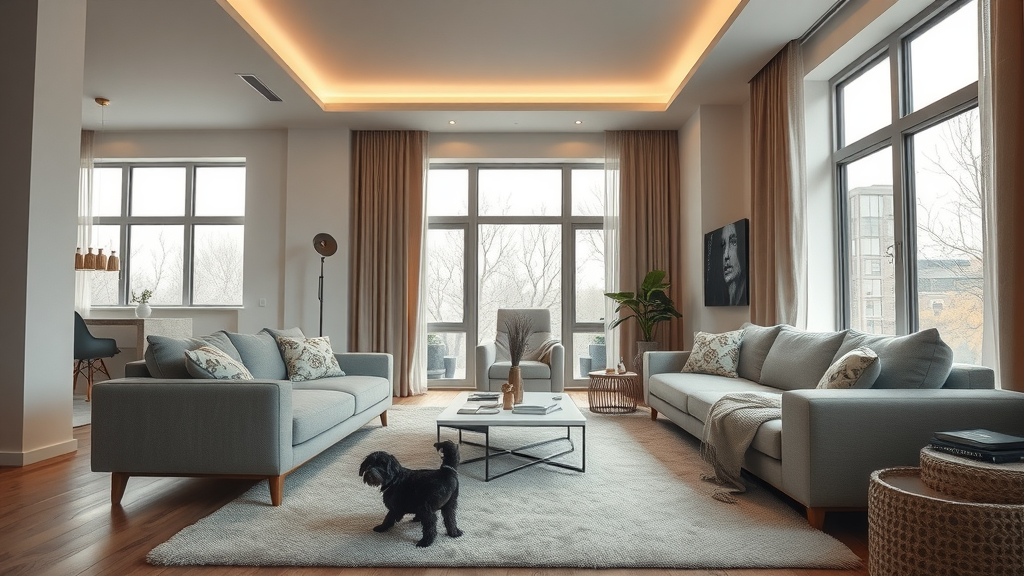 sleek modern living room with underfloor heating, comfortable warmth, stylish interior, large windows, natural daylight, warm neutral tones, photorealistic