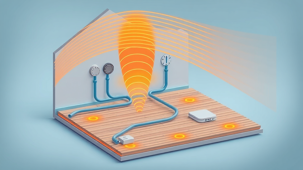 cutaway technical diagram showing underfloor heating pipework and heat distribution, modern home cross-section