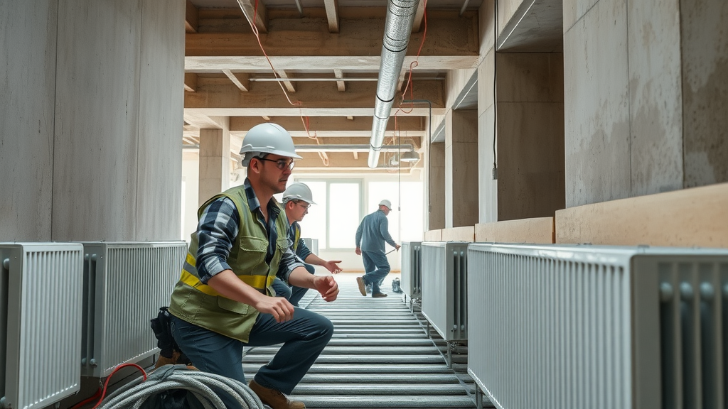 construction site installing underfloor heating and radiators, professionals working, contemporary building interior, visible piping works