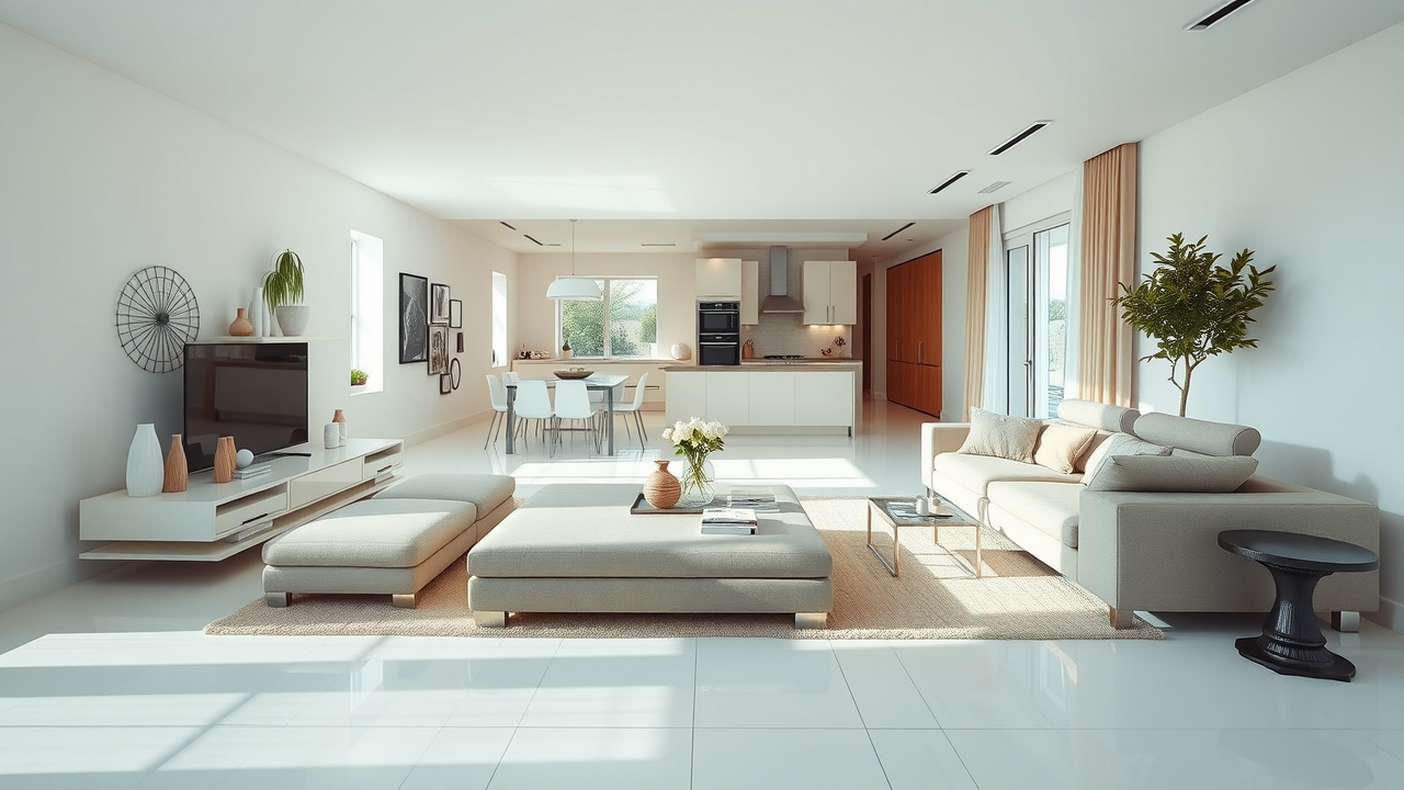 open-plan apartment with concealed underfloor heating, no radiators, clean uncluttered design, spaciousness, natural light