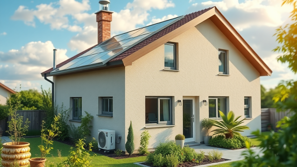 sustainable building with underfloor heating, solar panels, heat pump, eco-friendly garden, visible pipes, fresh green and blue
