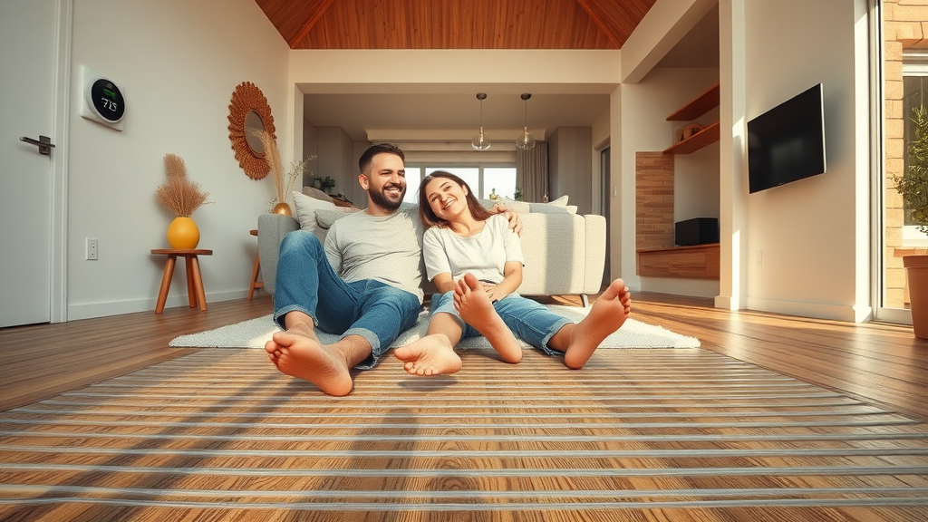 Modern living room with electric underfloor heating and family enjoying warm floor heat underfoot