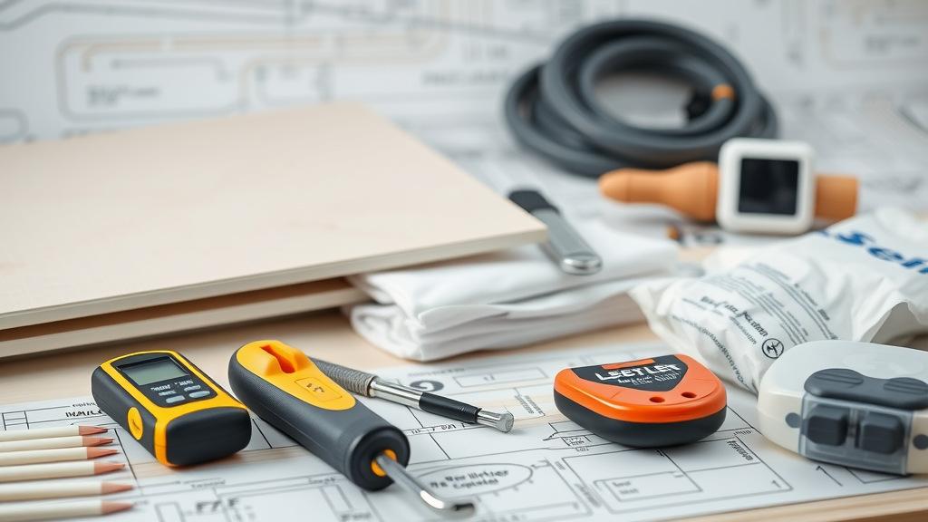DIY electric underfloor heating tools and materials, including insulation boards, heating cable tester, and thermostats