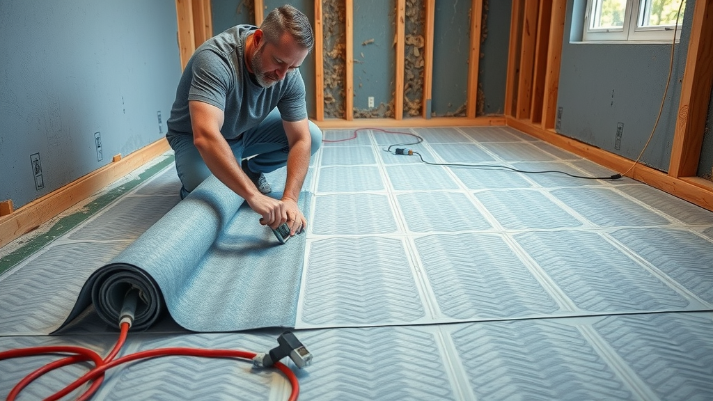 DIYer installing and fixing electric underfloor heating mats onto insulated subfloor