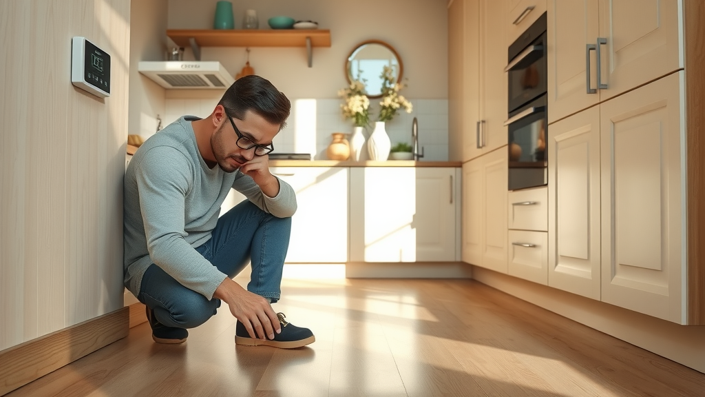 Homeowner checking underfloor heating thermostat for system efficiency and maintenance