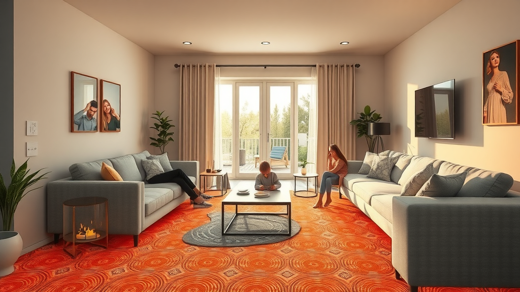 Finished modern living room with underfloor heating, family enjoying even floor heat