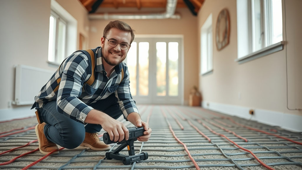 Authoritative underfloor heating installer confidently installing underfloor heating system in a modern home interior, visible pipes, installer using tools.