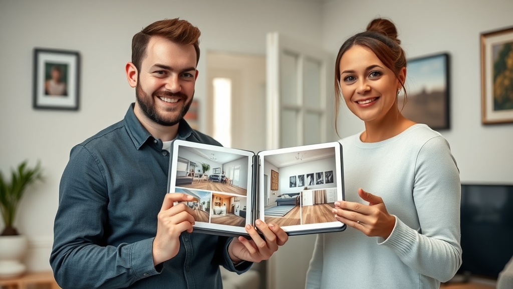 Satisfied customers reading positive online reviews about floor heating specialists, animated star ratings in cozy home with visible floor heating.