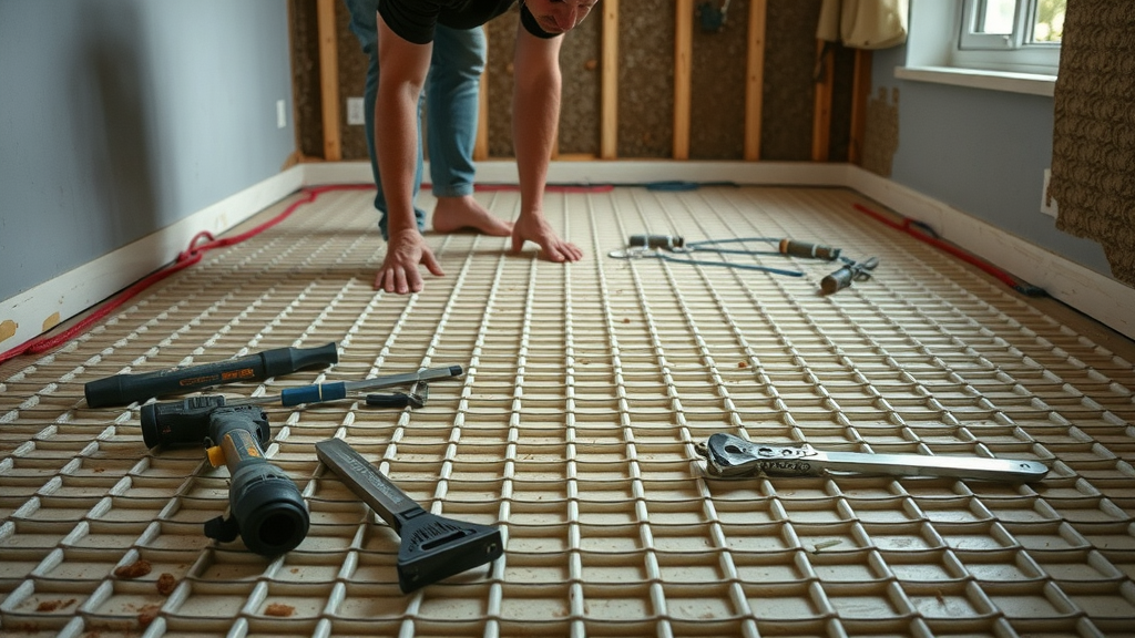 Installer showing a client before-and-after images of underfloor heating installations in residential settings, details clear on tablet or photo binder.