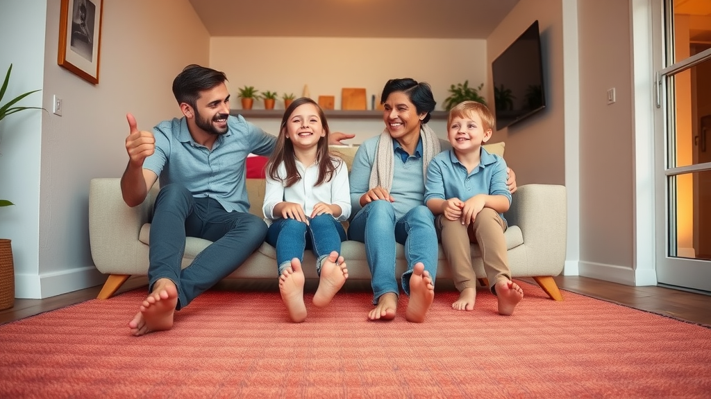Happy family enjoying warm underfloor heating barefoot in a cozy living room, subtle heated floor effects visible, content and comfortable.