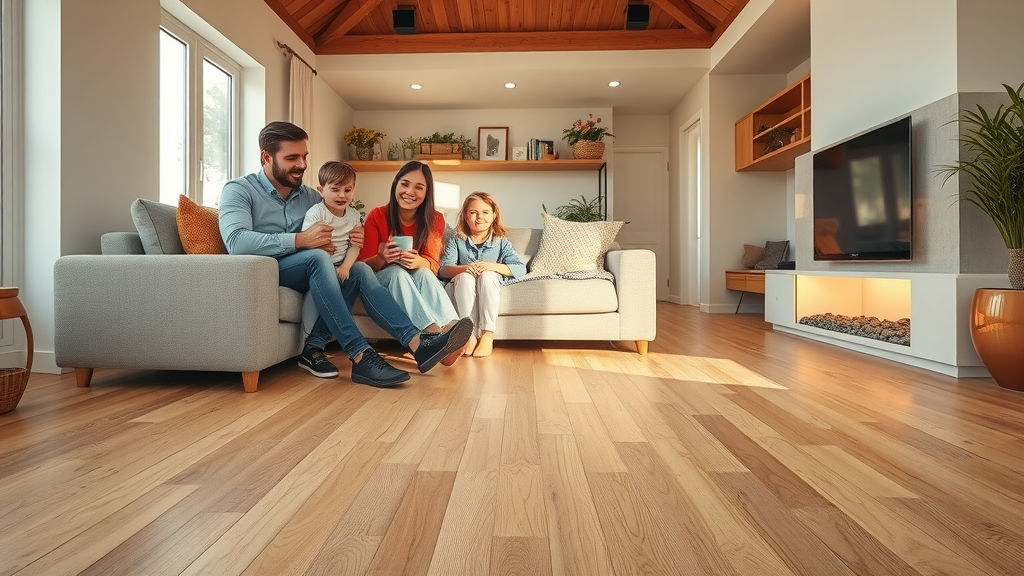 Modern living room with engineered wood flooring and visible underfloor heating system, family relaxing - underfloor heating under wooden floors