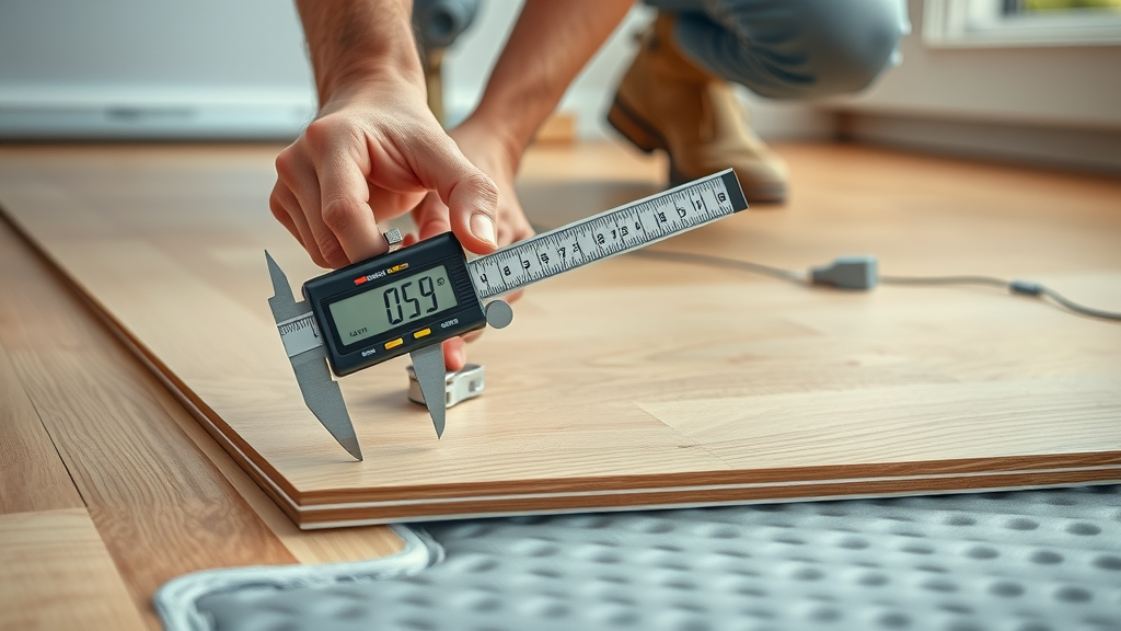 Installer measuring thickness of wooden floor for underfloor heating compatibility