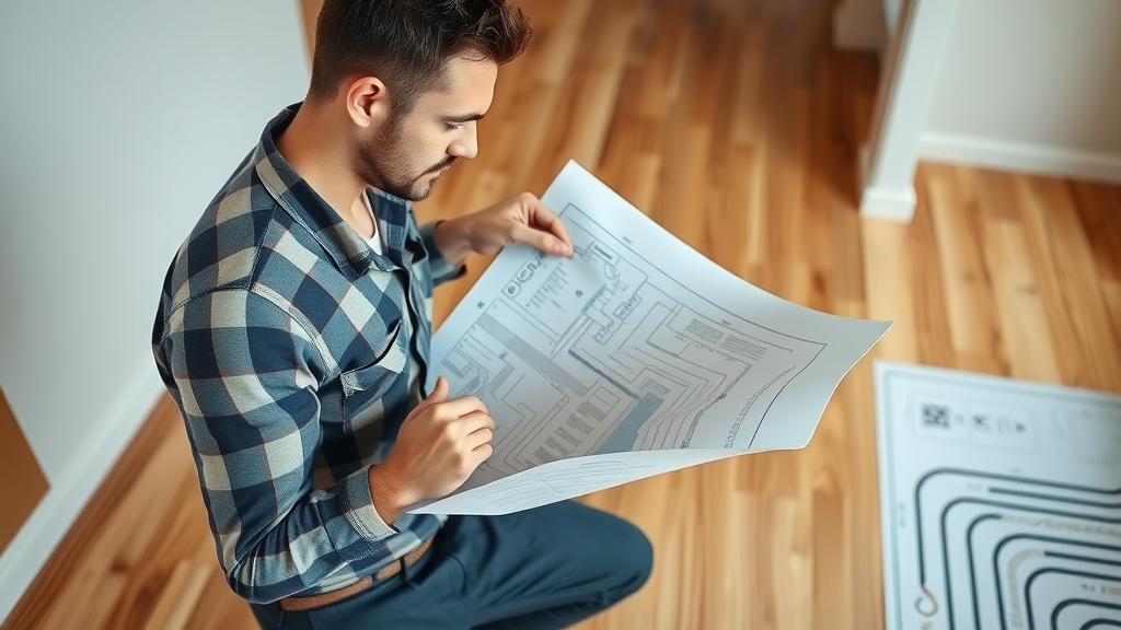 Contractor examining wooden floor and planning underfloor heating installation