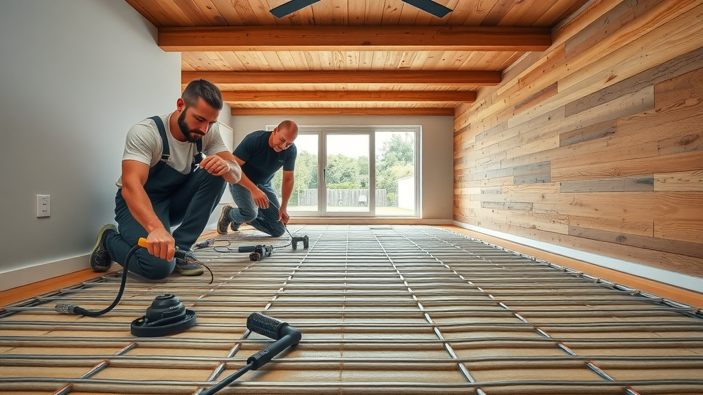 Team installing underfloor heating system under wooden floorboards
