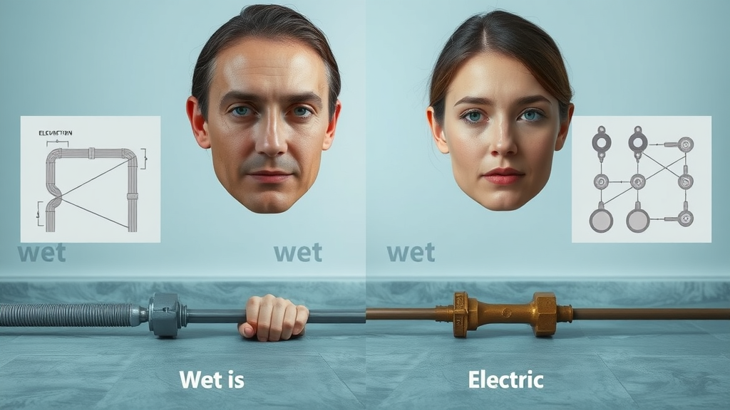 Comparative infographic of wet and electric underfloor heating pipes, components and differences