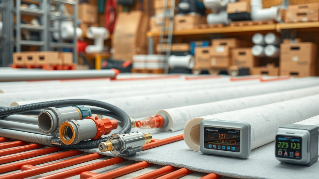 Underfloor heating installation materials: pipes, manifolds, insulation, and controls displayed at an installation site