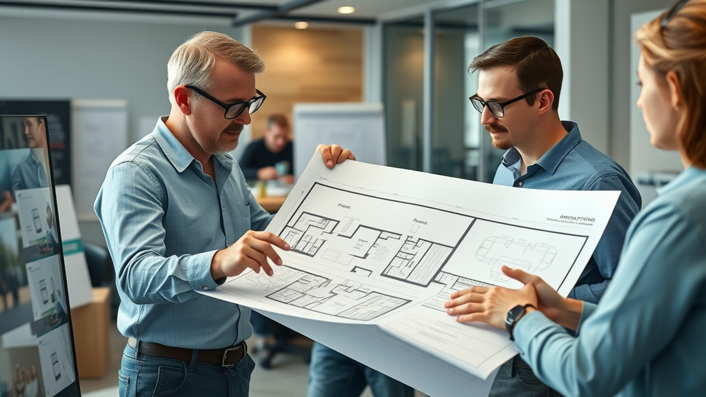 Architects discussing underfloor heating plans and floor layouts at a modern office