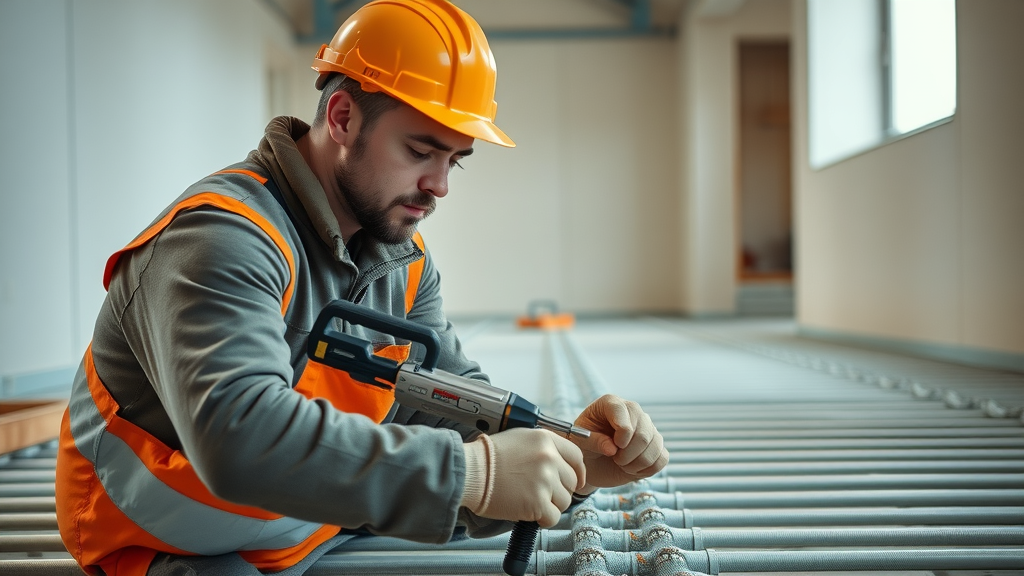 Skilled installer laying underfloor heating pipes in a new build construction project