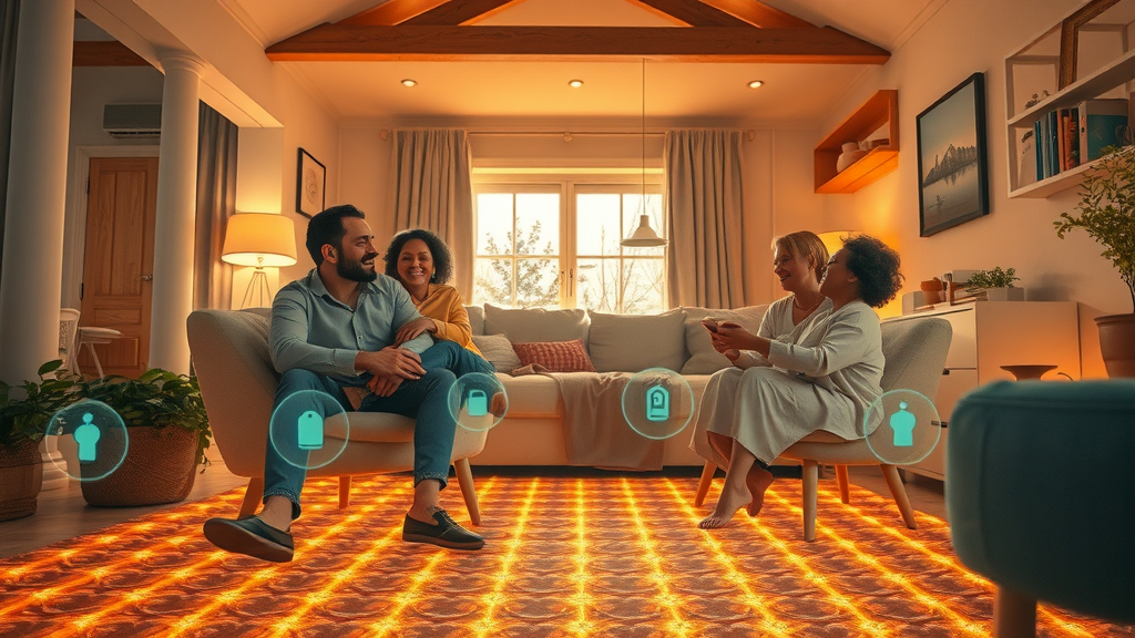 Ecodriven home interior, happy residents, underfloor heat visible as glowing floor and energy icons