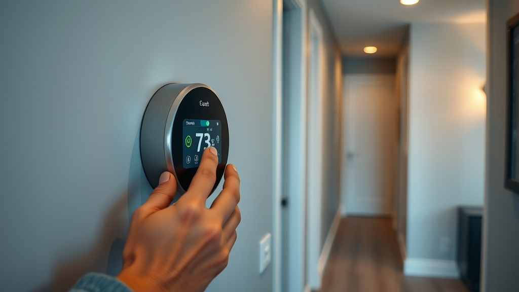 Smart thermostat for underfloor heating, homeowner adjusting for energy savings