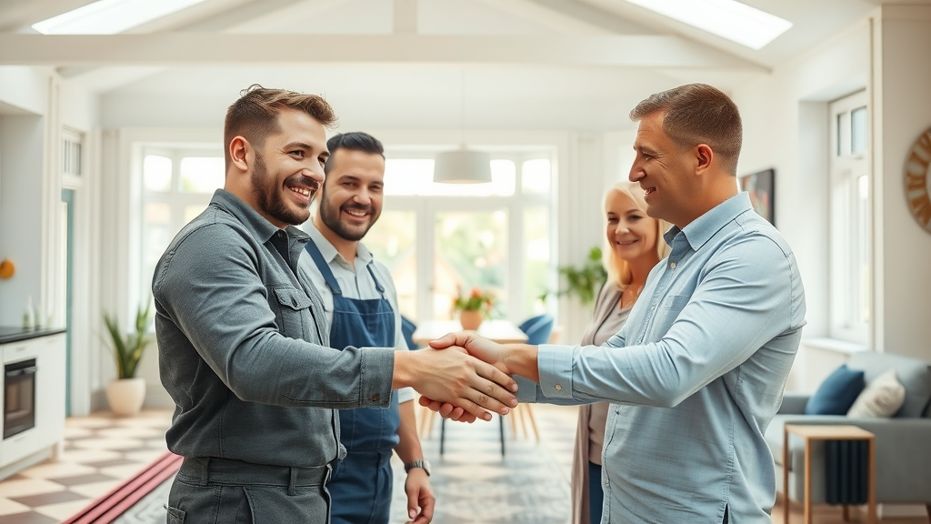 Professional installer shaking hands with satisfied clients in a modern home with underfloor heating