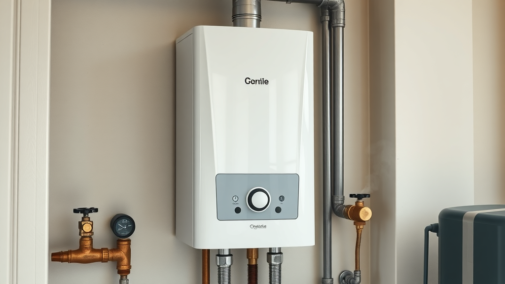 Sleek, tankless water heater unit showcasing energy-efficient heating as part of plumbing industry trends