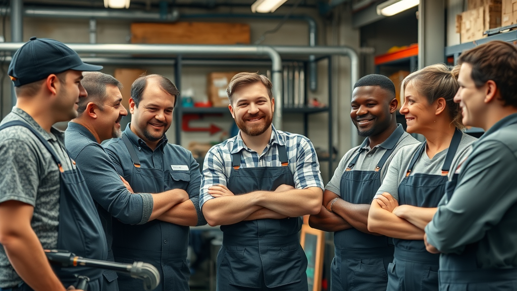 Group of diverse plumbers collaborating in workshop demonstrating teamwork in the plumbing industry