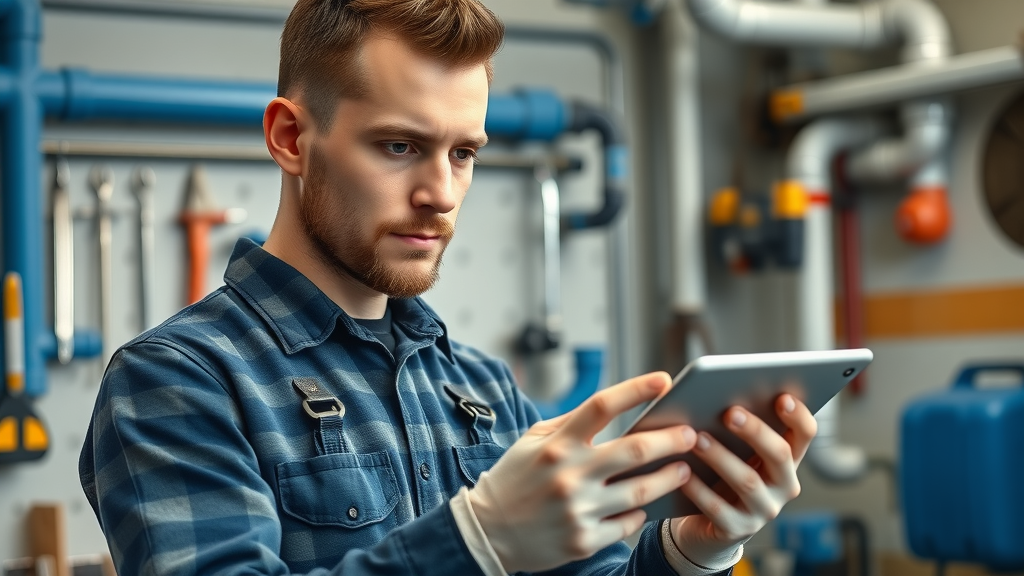 Modern plumber using tablet with plumbing app for efficient service delivery reflecting plumbing industry trends